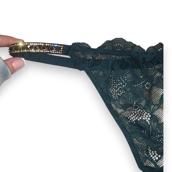 NWT Victoria Secret Green Ivy Lace Bombshell Bra and Thong Set w/Gold Accents - Picture 8 of 14
